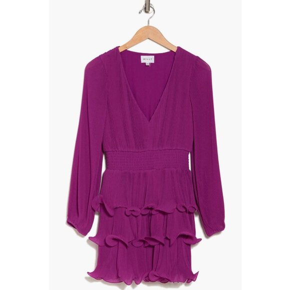 Women Milly Ryan A-Line Chiffon Dress Size 6 M Fuchsia Hem Ruffle V-Neck Layered - Picture 8 of 16